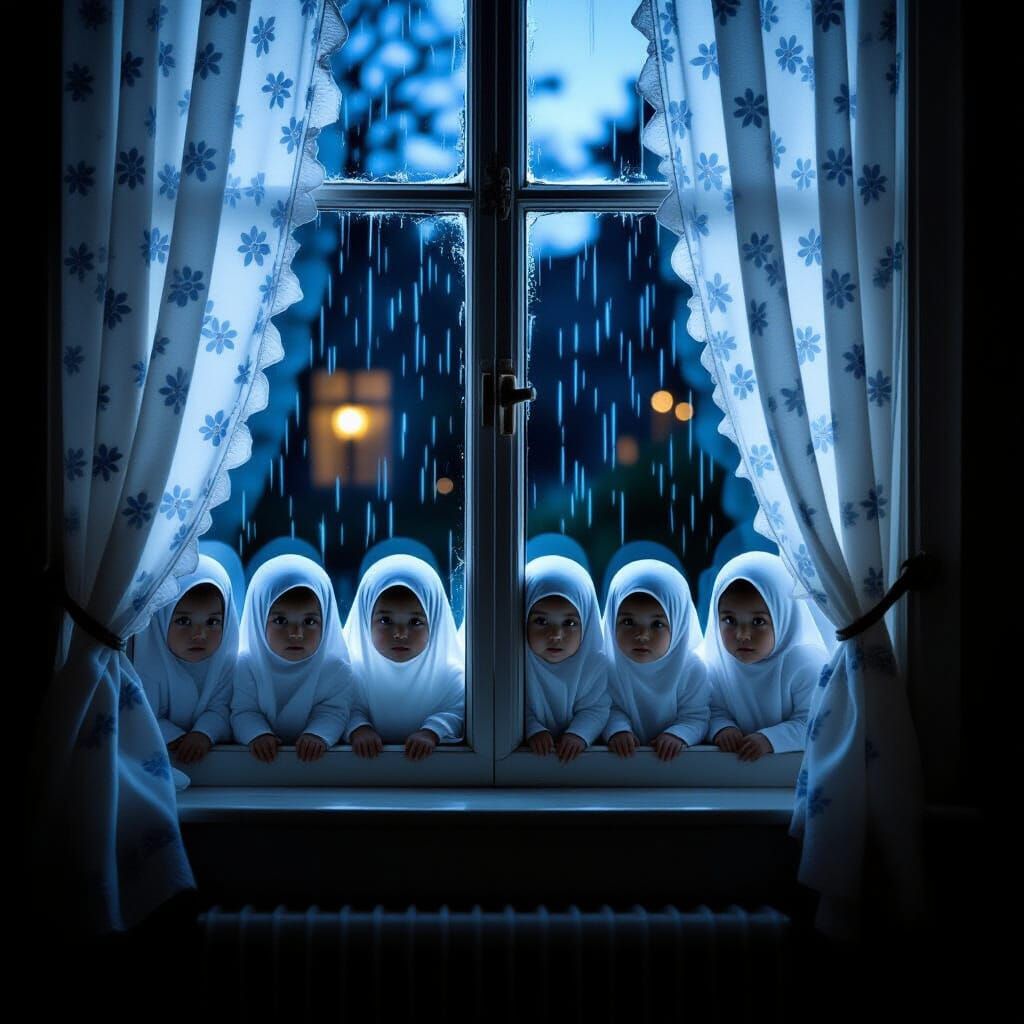 Ethereal Ghost Children Gaze Through Window at Night