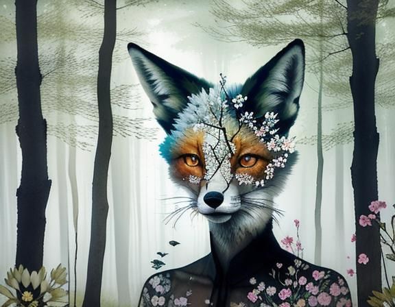 Transparent Fox Double Exposure with Forest and Flowers