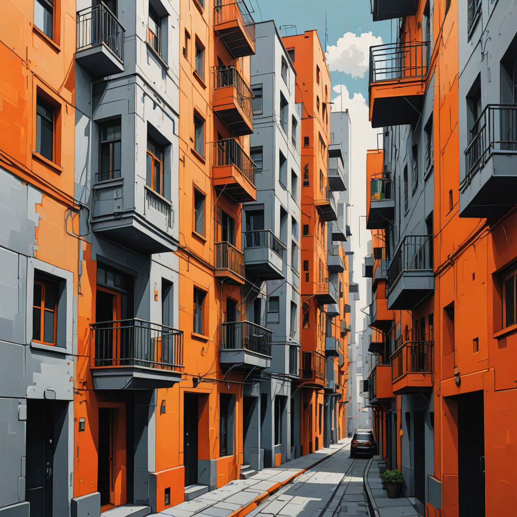 Vibrant Silver and Orange Cityscape in Cubist Style