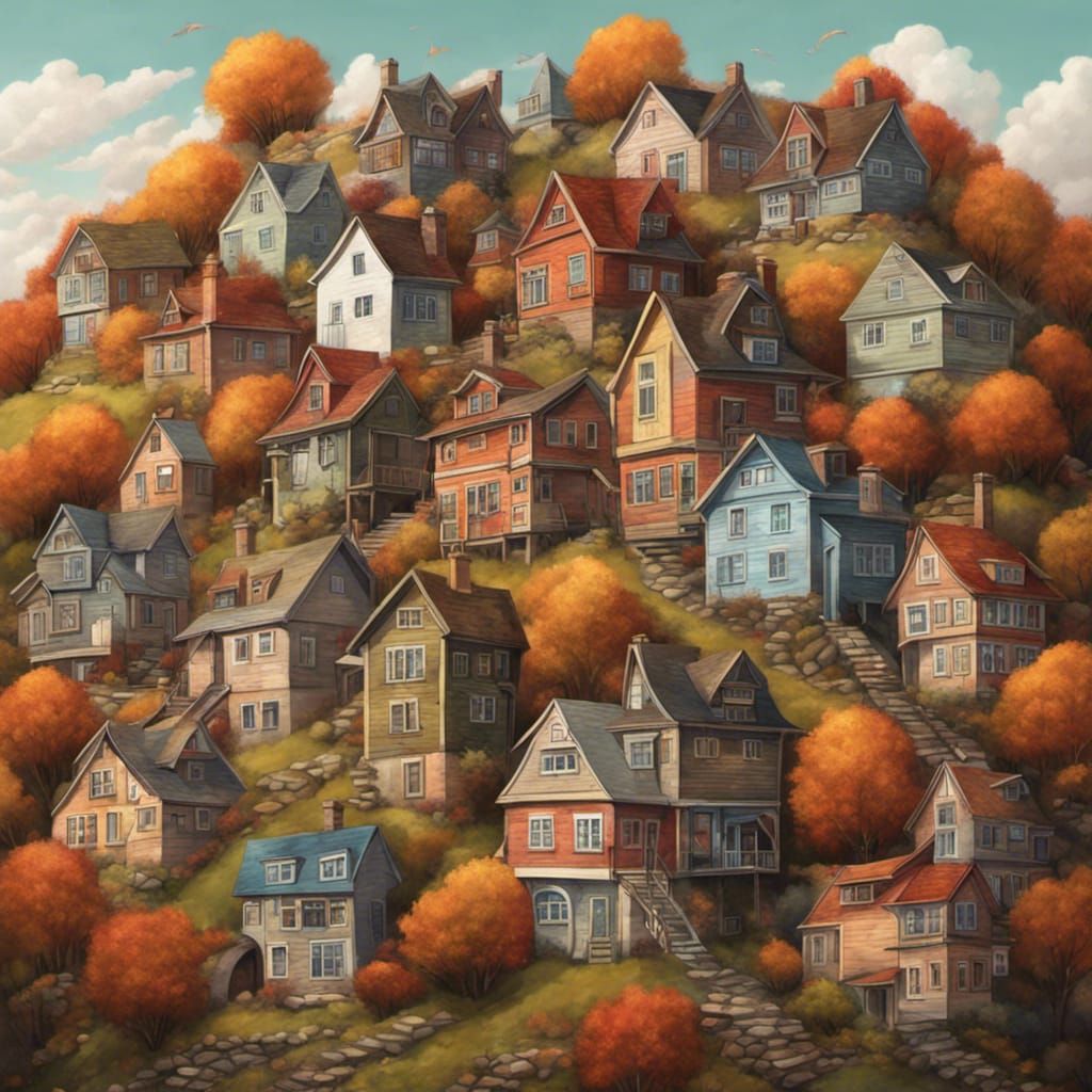 Colorful Houses on a Hill in Detailed Digital Art