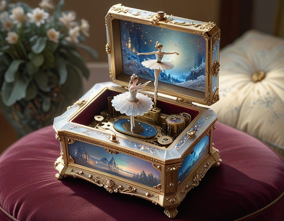 Antique Music Box with Ethereal Ballerina in Watercolour