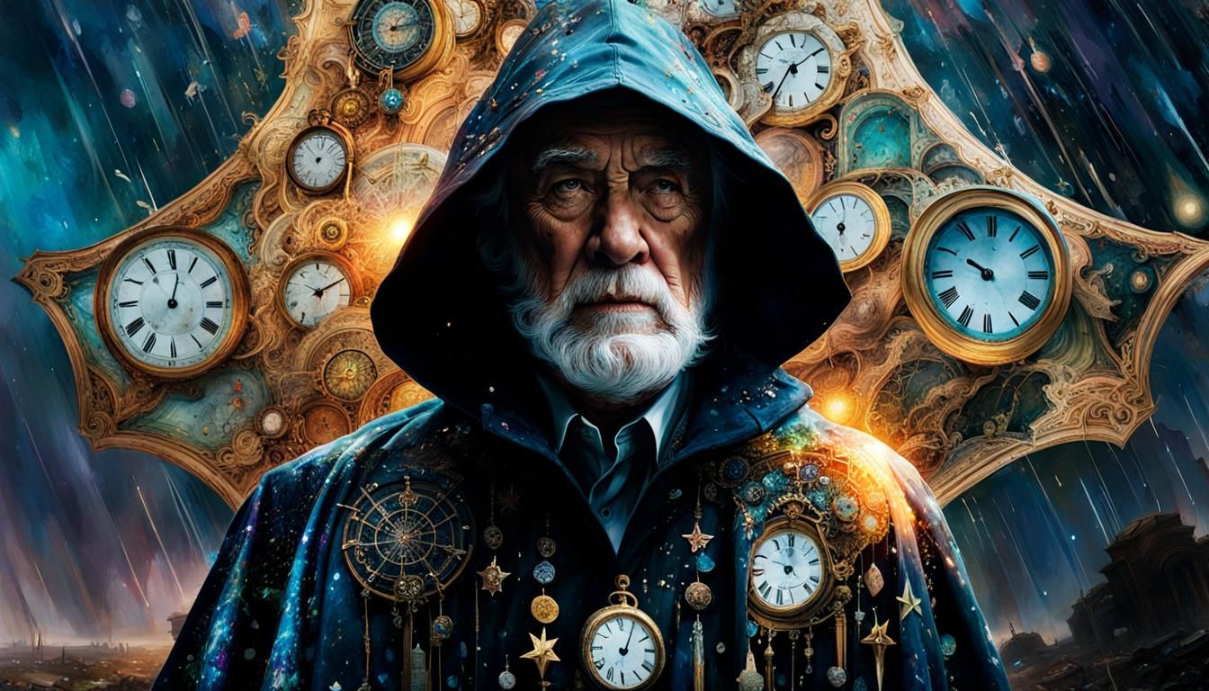 Cosmic Cape and Clocks in Cemetery, Digital Art