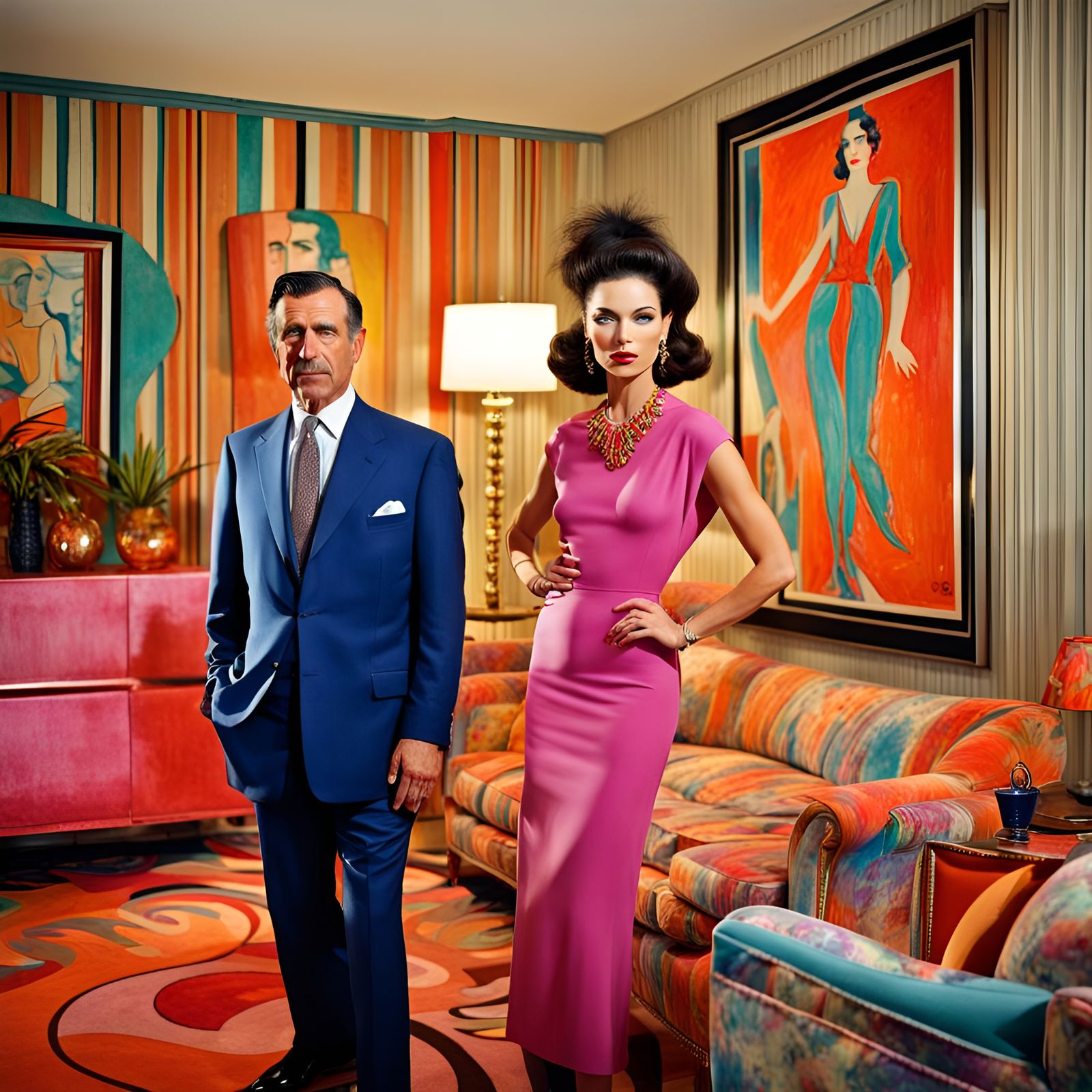 Stylish Woman and Father in Art Deco Style