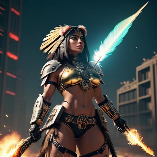 Aztec Warrior Woman in Cyberpunk Servo-Armor