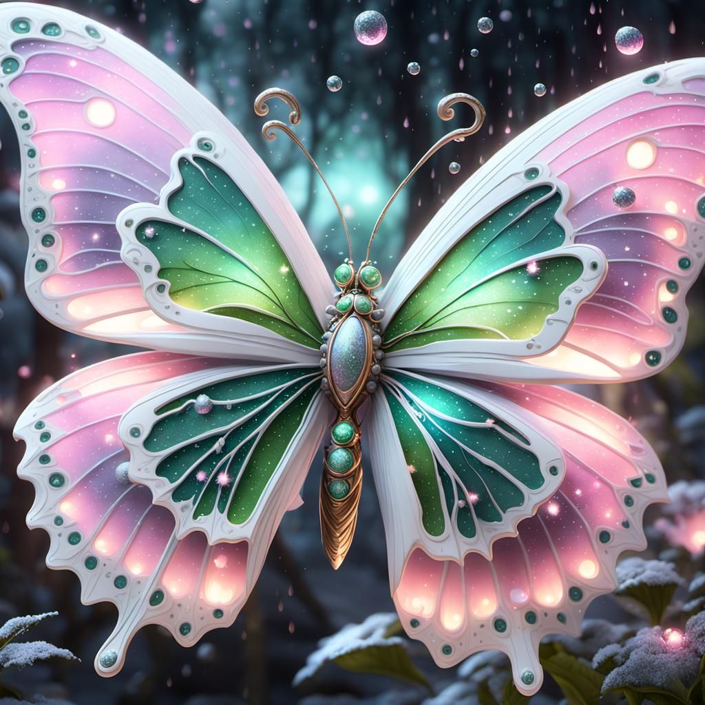 Beautiful fantasy world white pink green and shimmering silver fairy butterfly gold dust sparkles snow rain dust