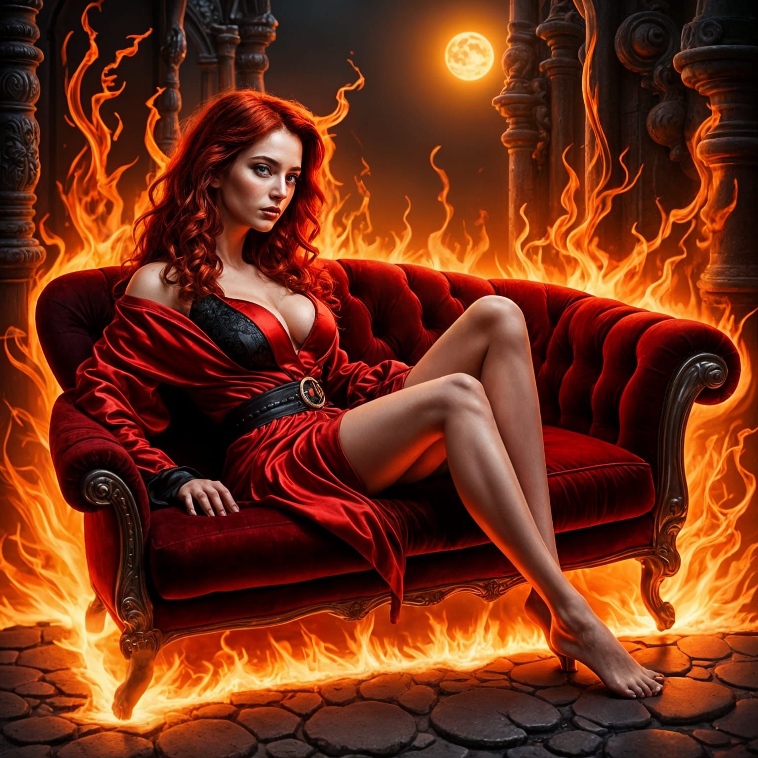 Gothic Dark Dreamscape with Red-Haired Female Demon