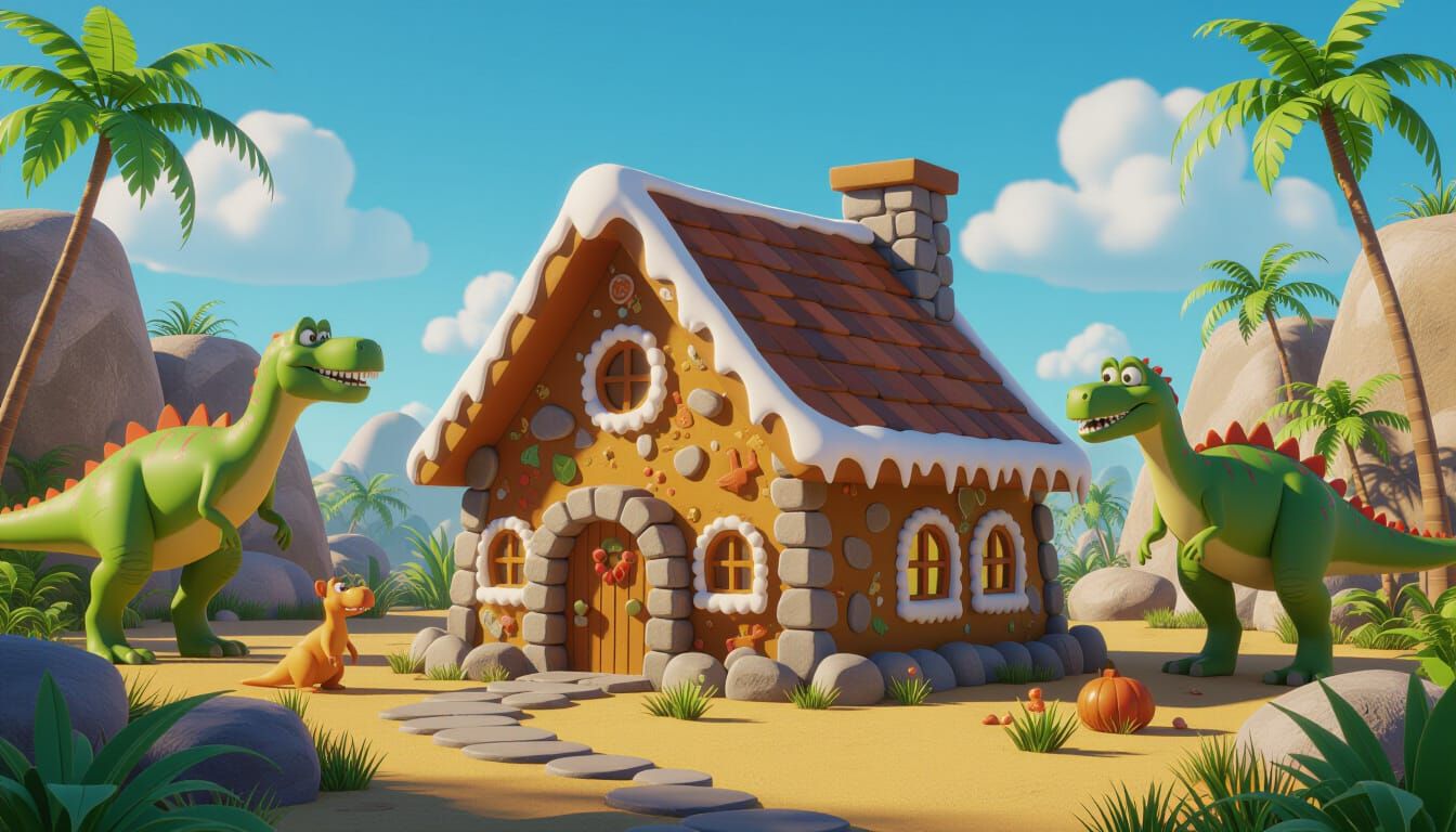 Prehistoric Gingerbread Cave House With Dinosaurs in Pixar S...