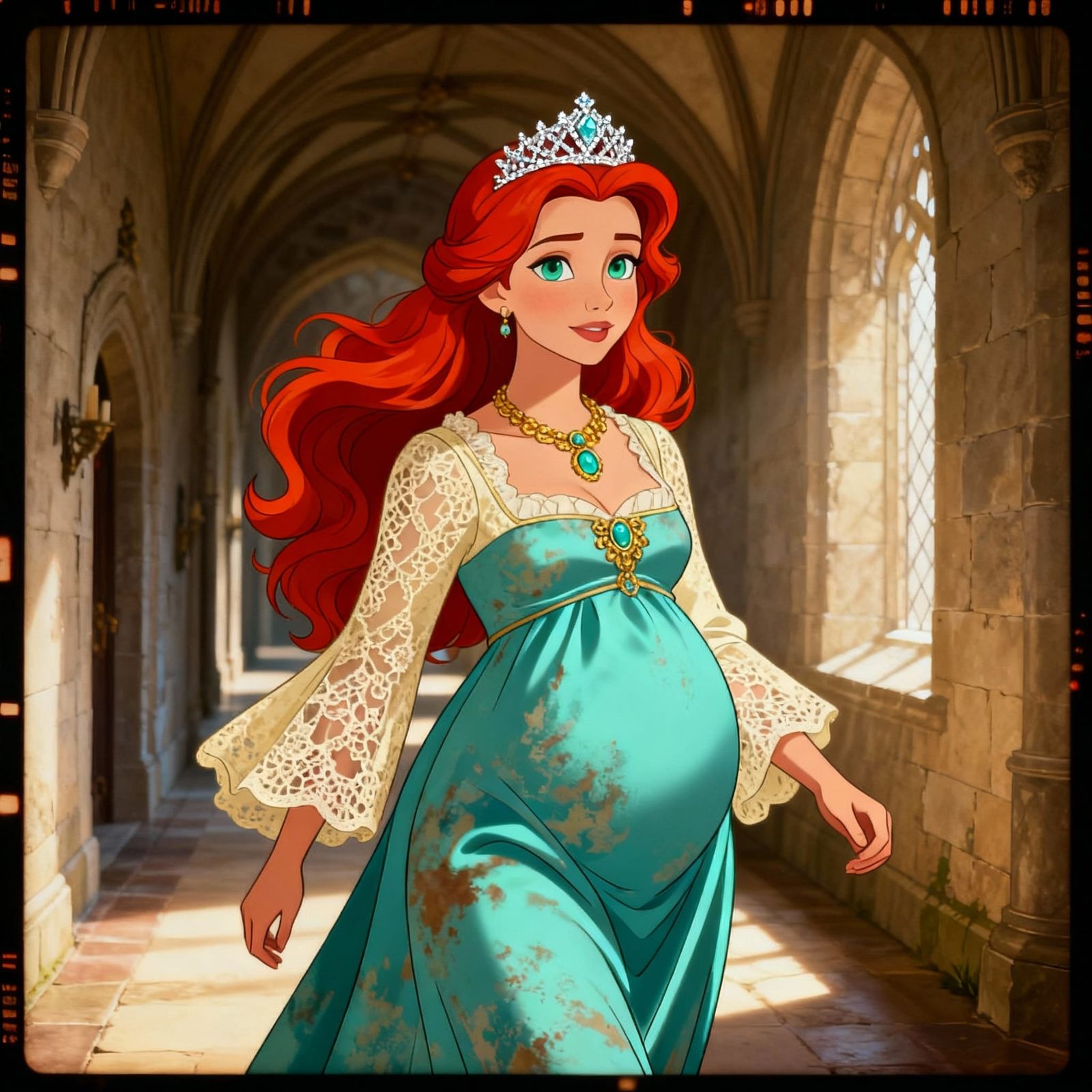 Pregnant Medieval Woman in Castle Hallway