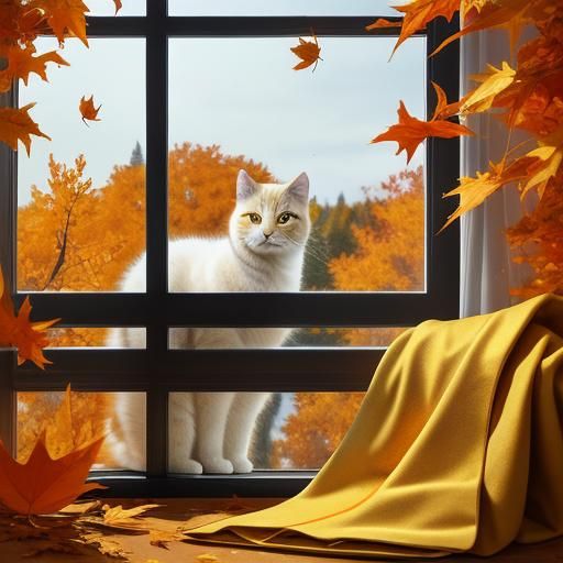 Golden Cat Watching Autumn Leaves