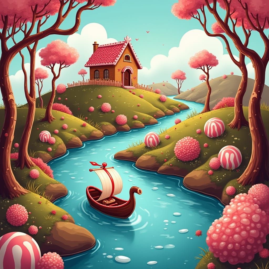 Candy Land with Chocolate River Inspired by Mary Blair