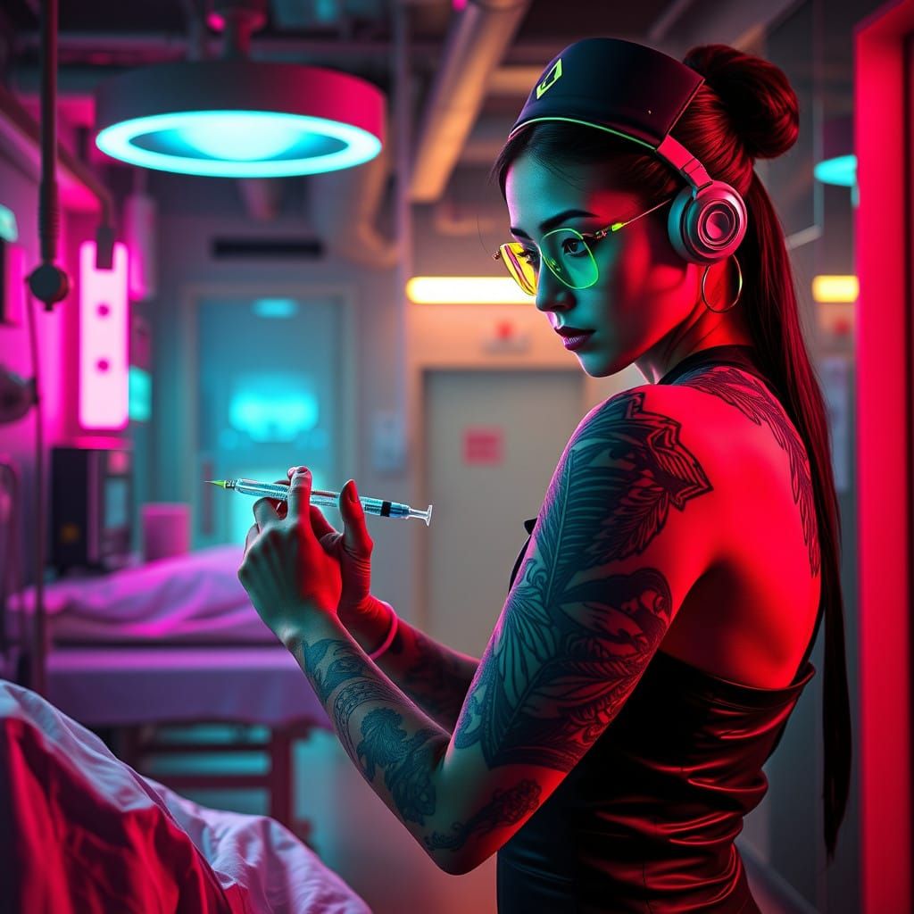 Cyberpunk Nurse Injects Syringe in Futuristic Neon Hospital
