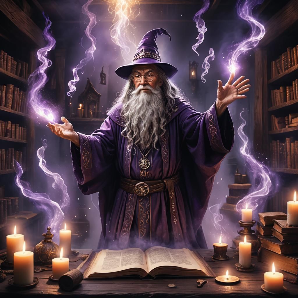 Wizard Conjuring Transformation Magic in Dreamlike Library