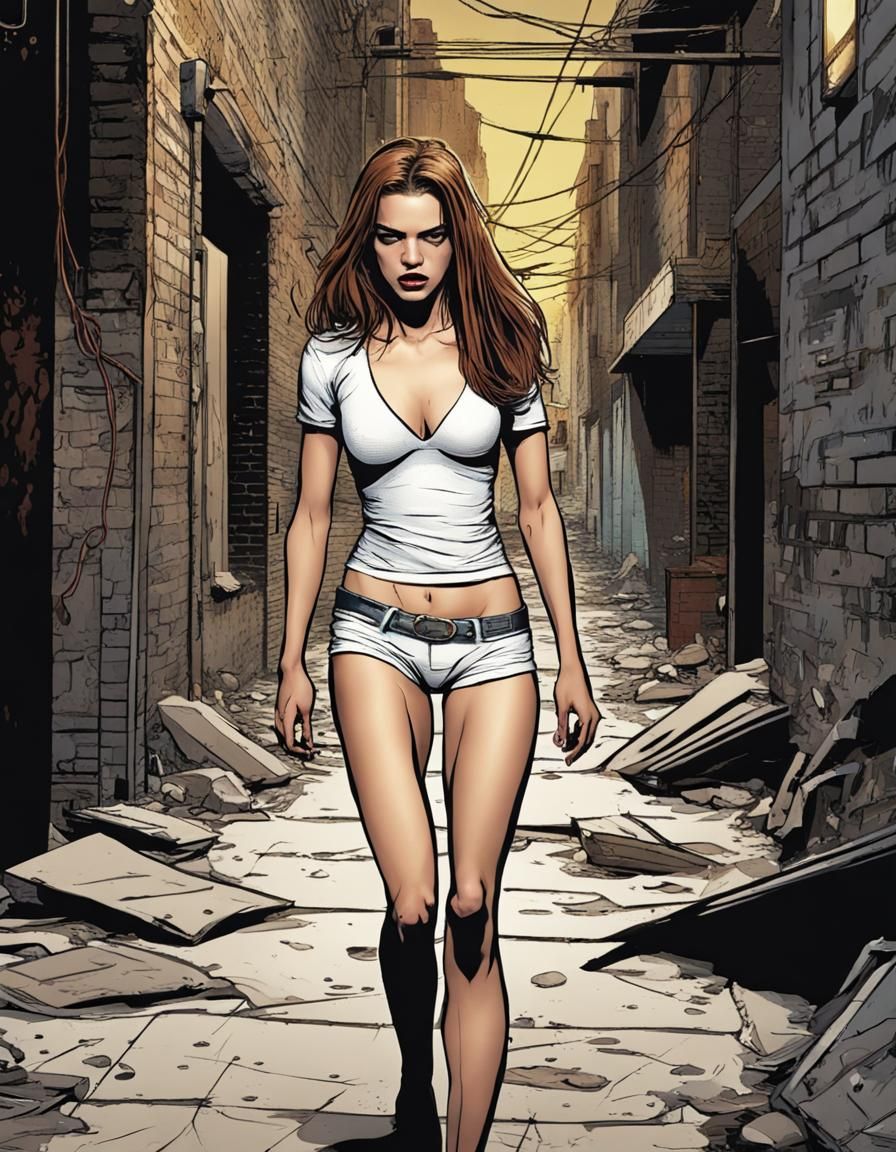 Model in Ripped Underwear in Dark Alley, Comic Book Style