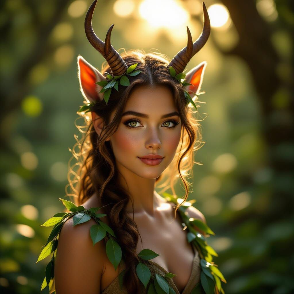 Photorealistic Female Faun in Sun-Dappled Forest