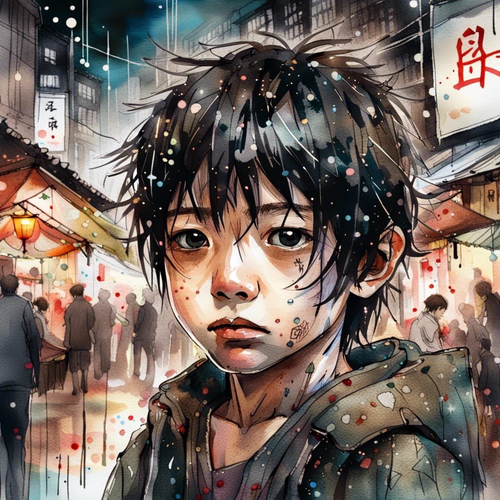 Japanese Boy in Bustling Market: Watercolor Illustration