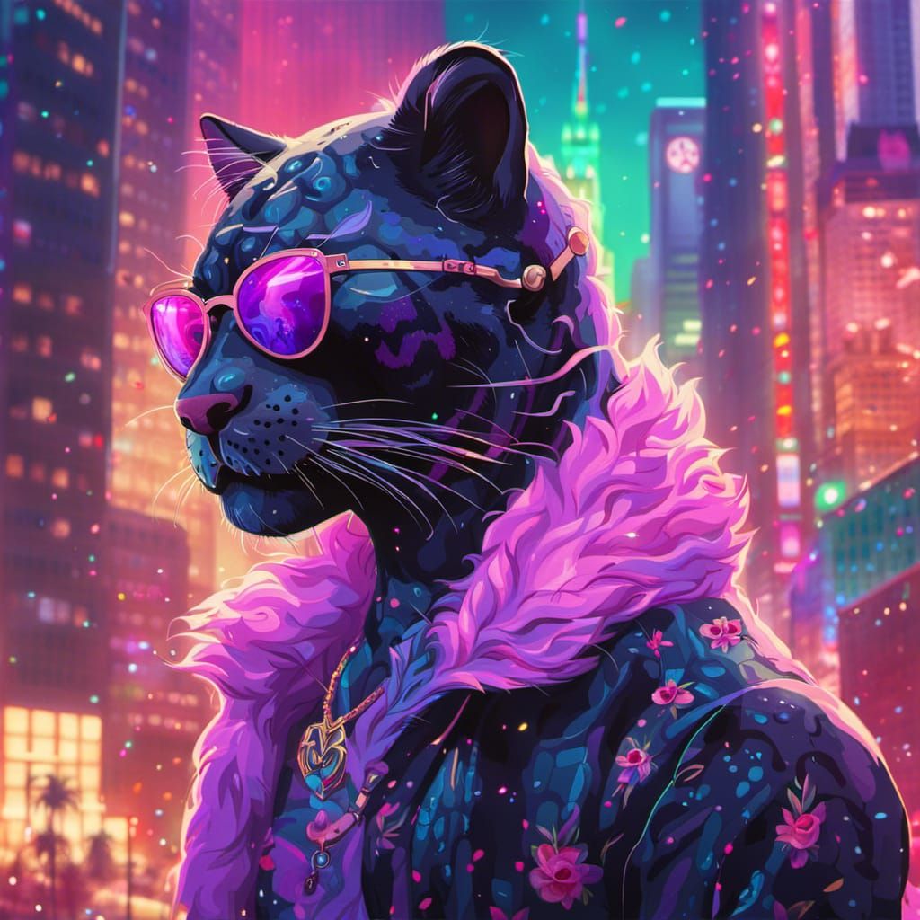 Vaporwave Fashion Panther in Cityscape