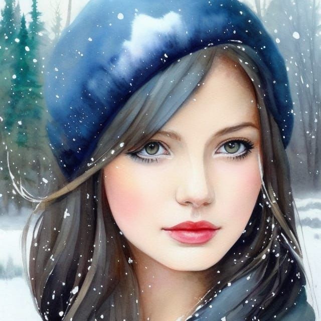 Cute Girl Portrait in Winter: Watercolor Art