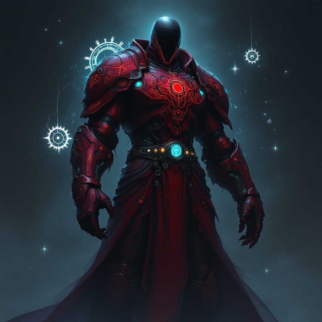 The Watcher in Crimson Armor with Mystical Glyphs