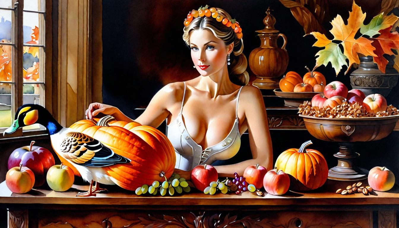 Autumn Harvest Table with Lady in Watercolor