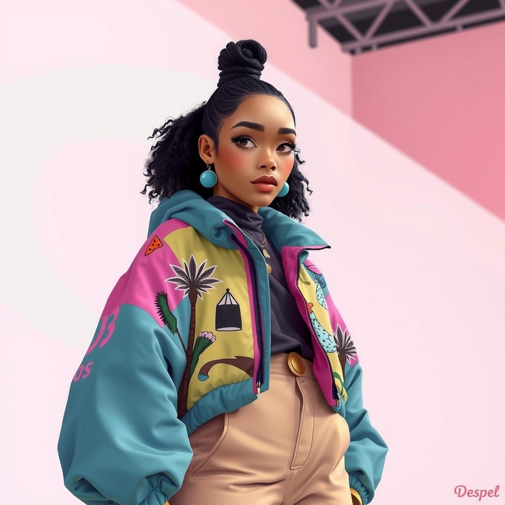 Woman in Modern Poncho Jacket with Retro Anime Aesthetic