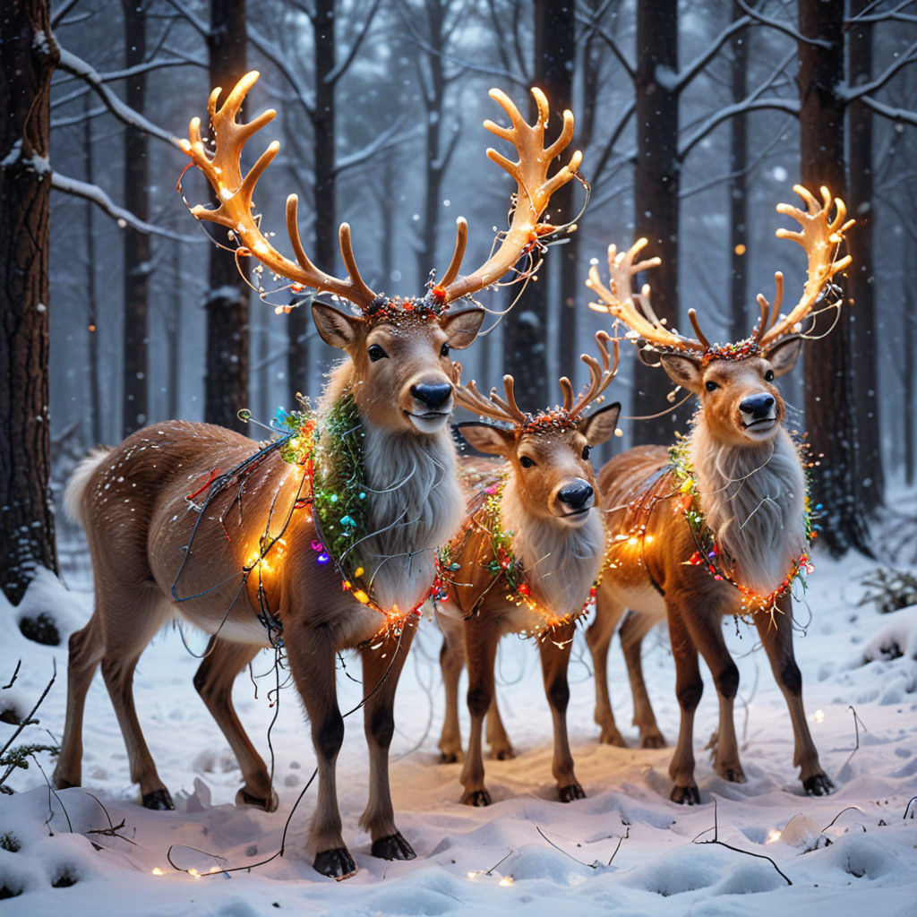 Whimsical Reindeer Tangle Christmas Lights in Festive Snowy....
