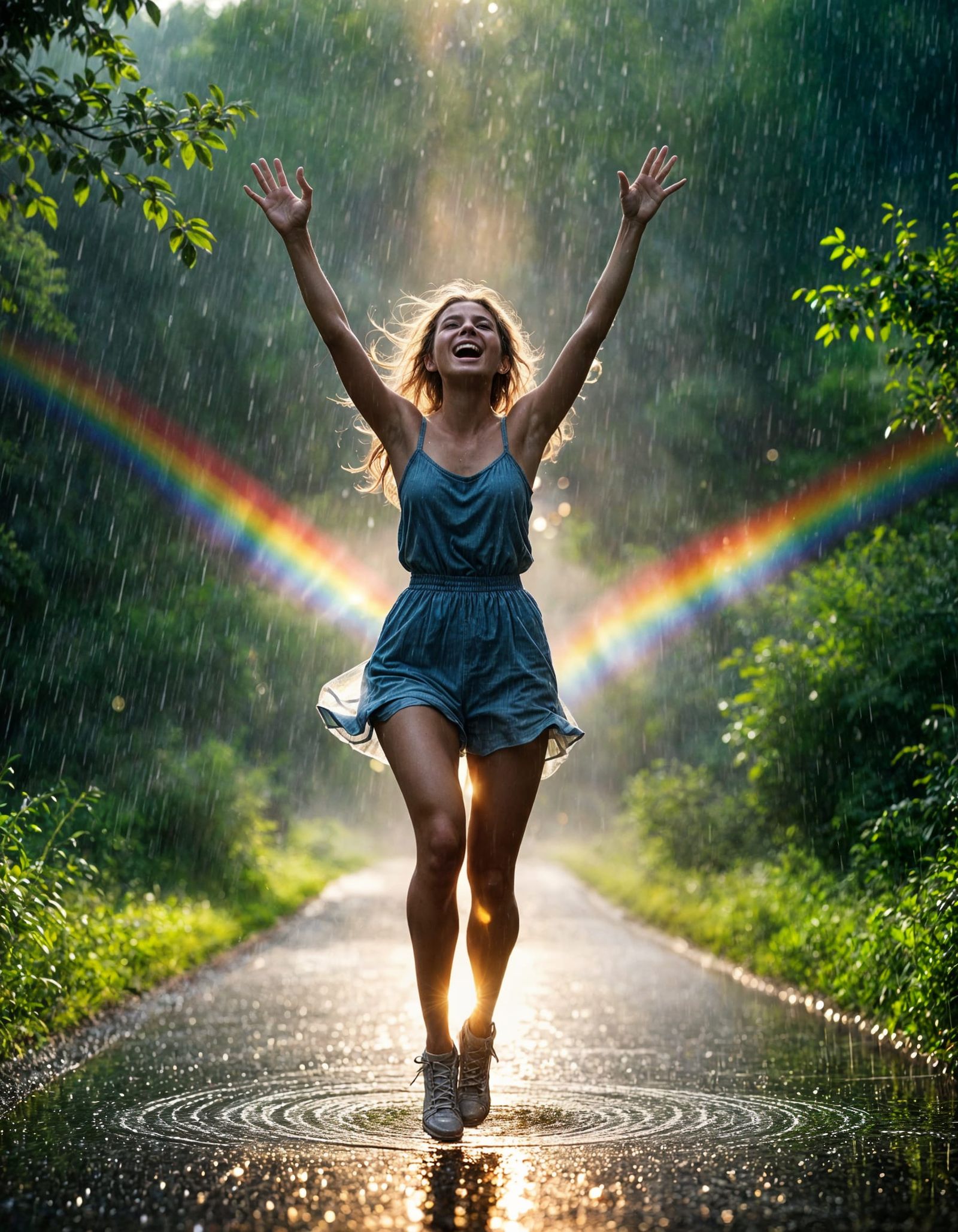 Happy Students Dancing in Summer Rain