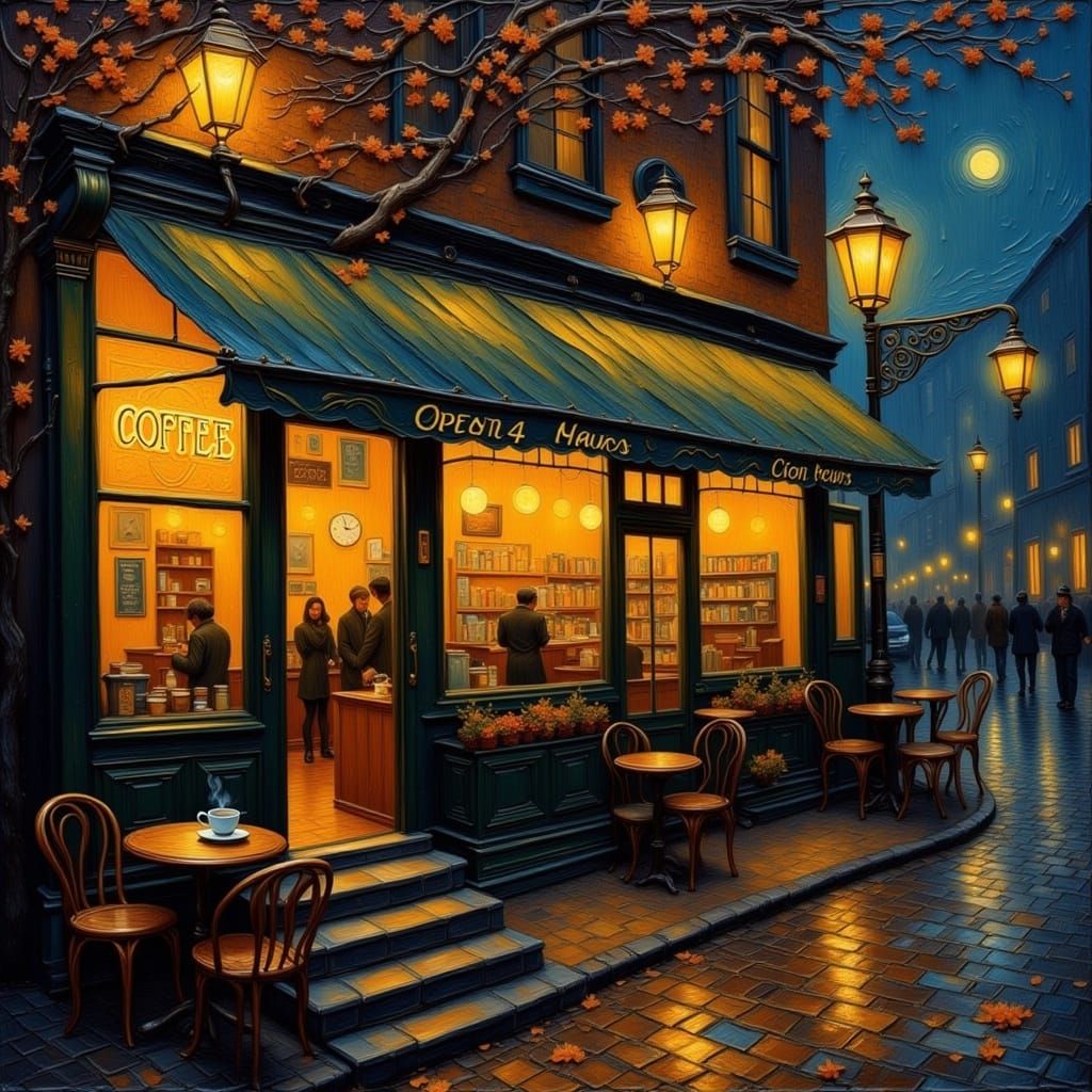 Cozy Coffee Shop on Rainy Night, Warm Golden Light