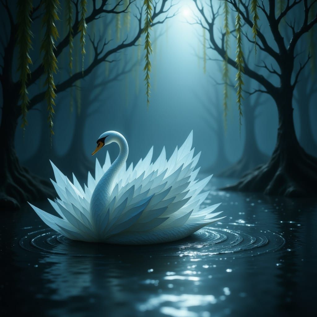 Swan of Tuonela Gliding in Dark Water with Willow Tree
