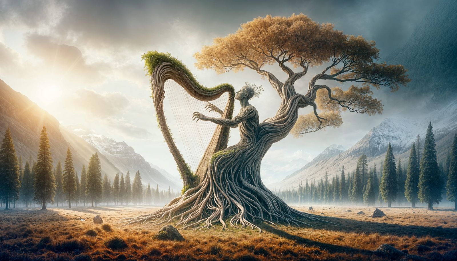 Monumental Harp Player Growing from Tree