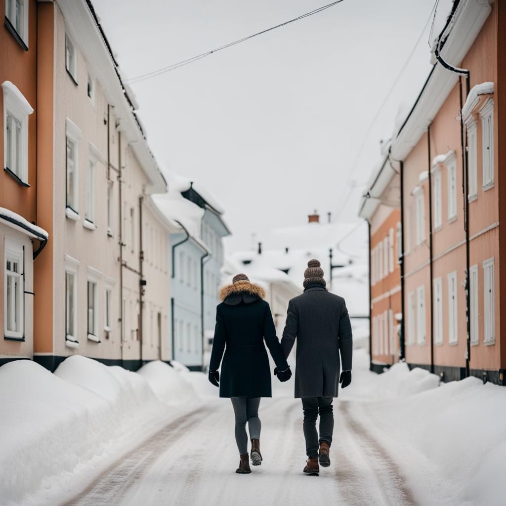 Finnish Couple Walking in Winter Snow