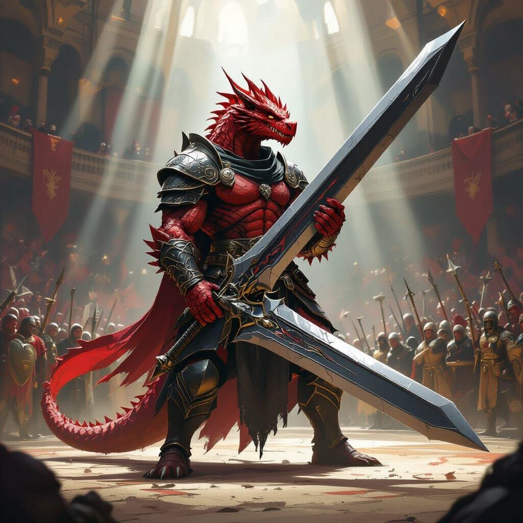 Red Dragonborn Warrior with Greatsword in Fantasy Arena