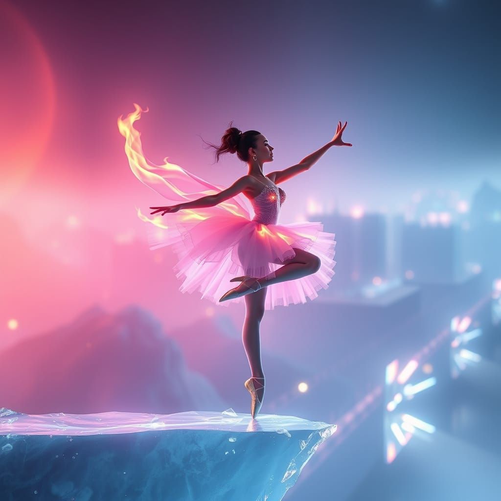 Ballerina on Blade's Edge with Fiery Silk and Crystal Dress