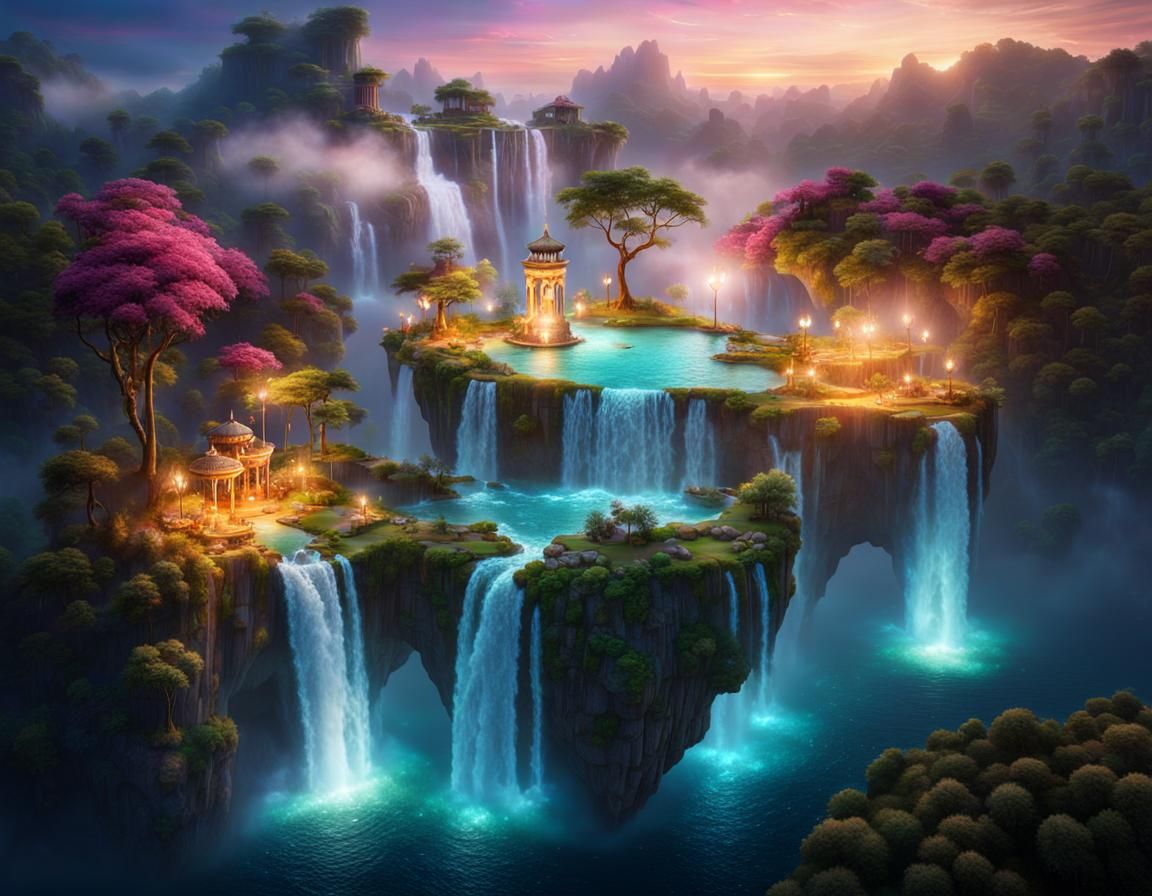 Spectacular Floating Island Waterfalls in Romantic Fantasy S...