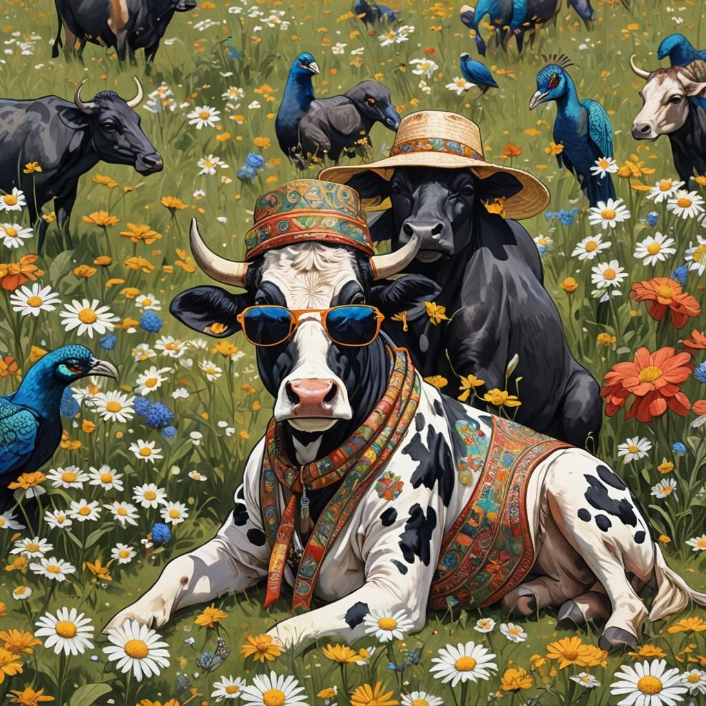 Cow in Daisies Wearing Sunglasses: Pop Art Style