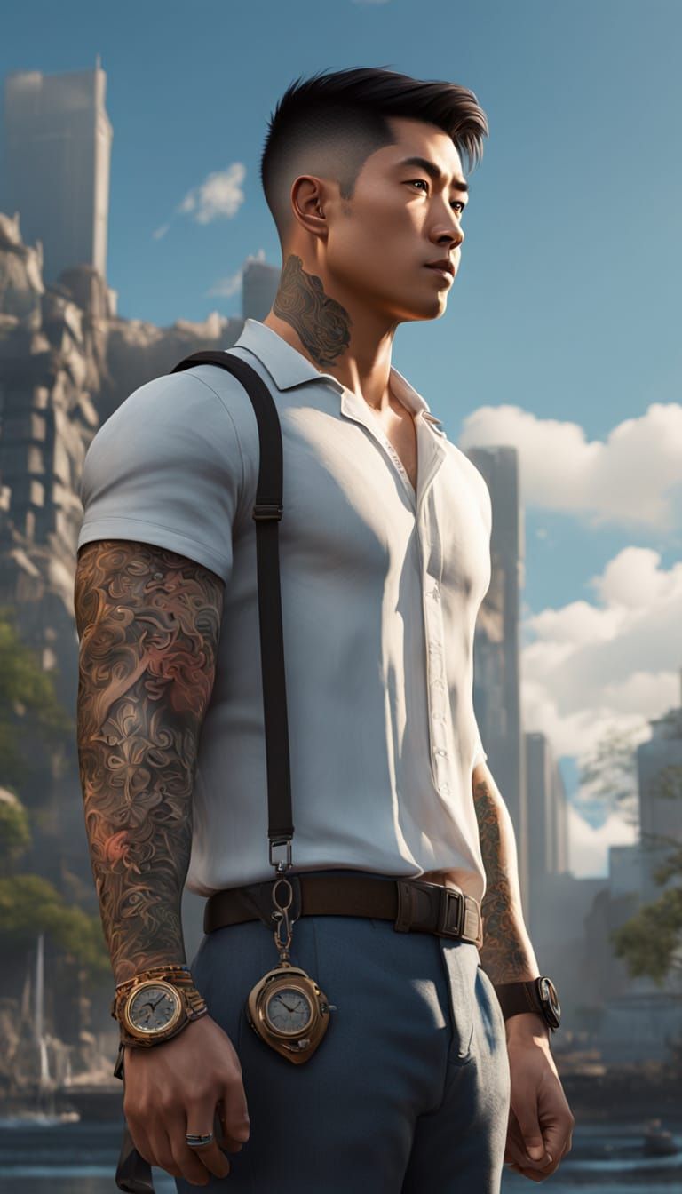 Photorealistic Portrait of a Muscular Asian Man in Golden Ho...