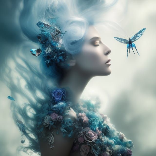 Ethereal Woman Transforming into Butterflies: Ornate Digital...
