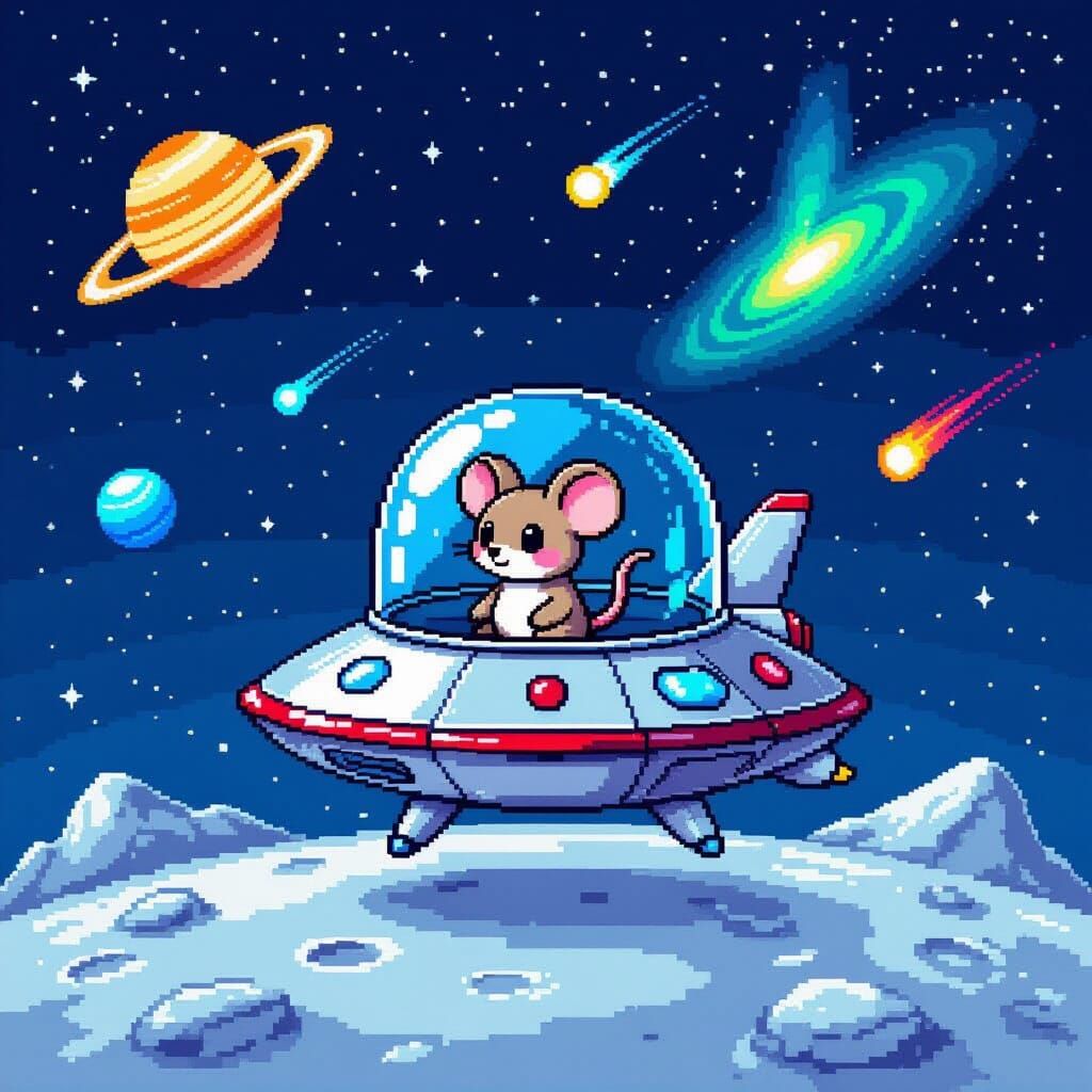 Pixel Cartoon: Chibi Mouse in Alien Spaceship