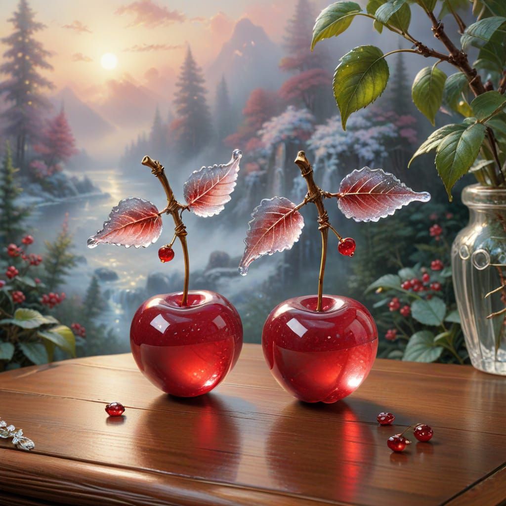 Ethereal Ruby Cherries on Crystal Table