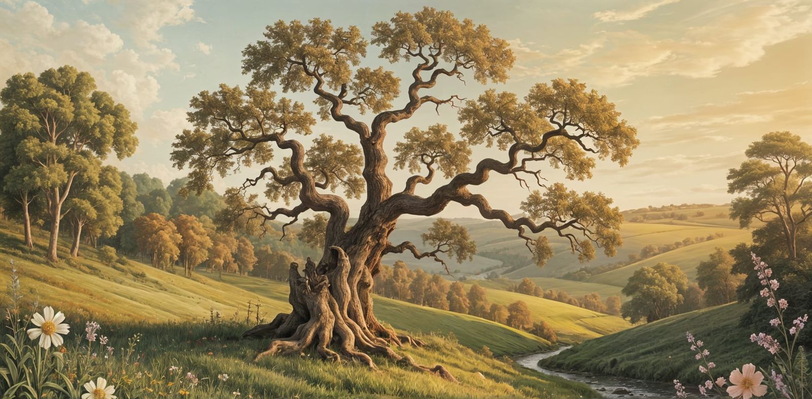 Vintage Botanical Illustration of an Ancient Oak Tree