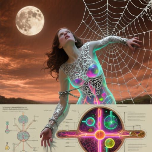 Woman Trapped in Spider Web Under Copper Sky