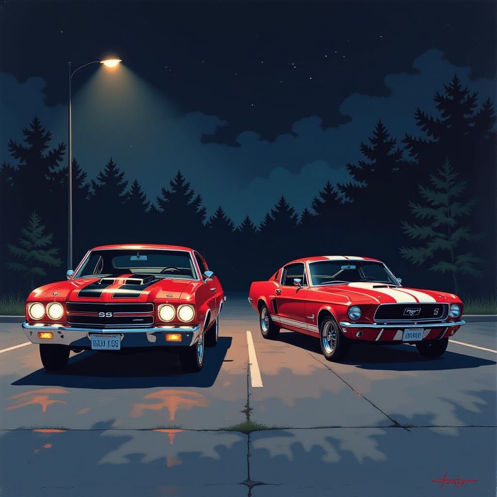Cherry-Red Chevelle SS Meets Mustang in Magical Night Lot