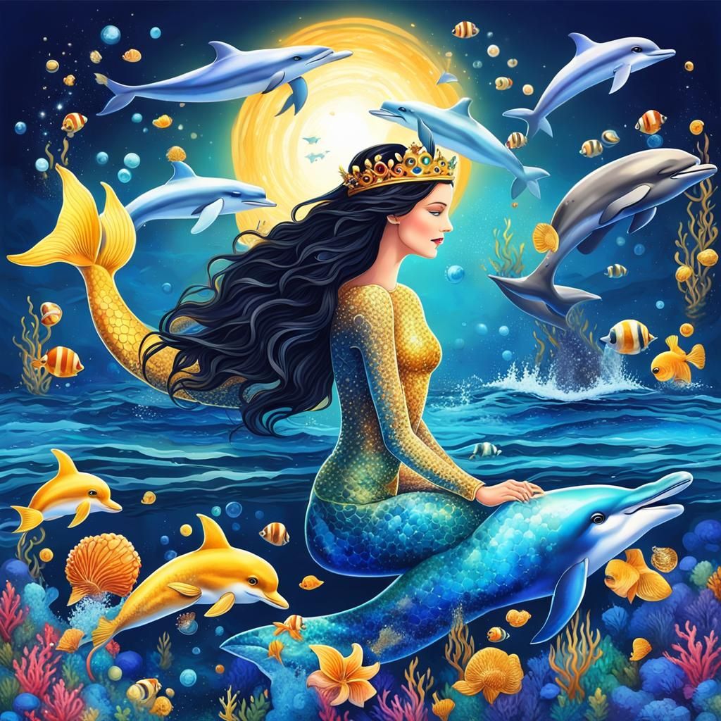 Beautiful Mermaid Playing with Dolphins in Deep Ocean
