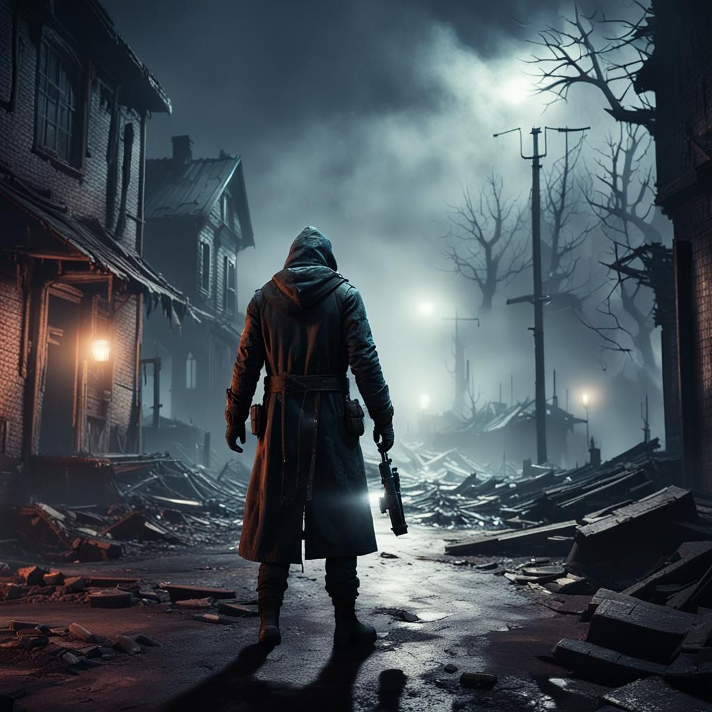 Ominous Figure in Fog-Laden Ruined Town: 3D Game Art