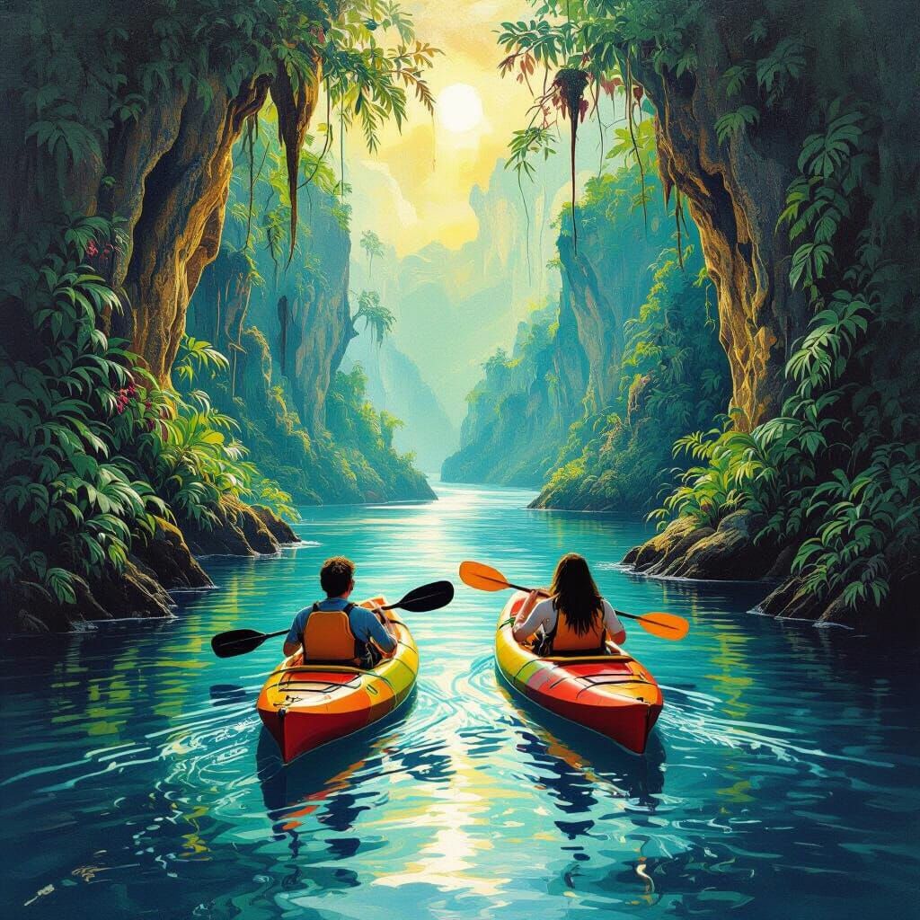 Lost Kayakers in Surreal Jungle River Landscape