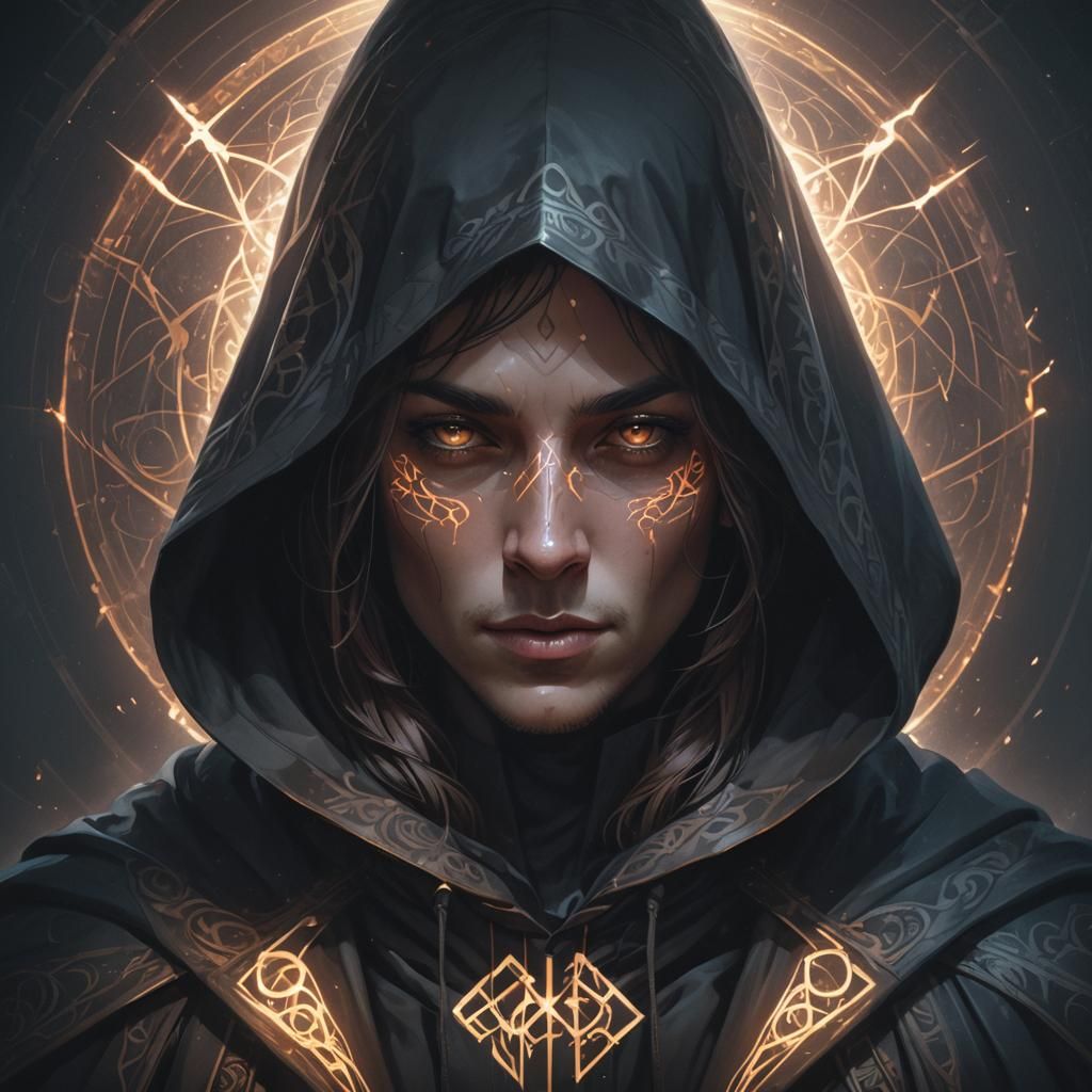 Mysterious Cloaked Figure Portrait with Glowing Runes