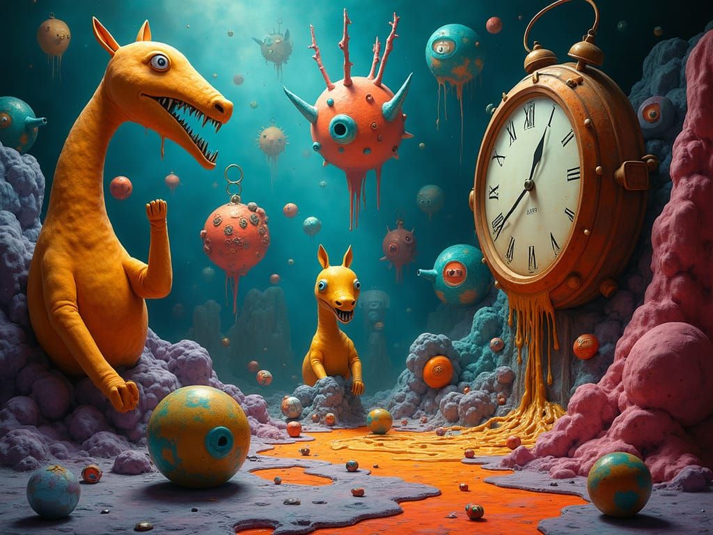 Surreal Dreamscape with Melting Clocks and Floating Shapes