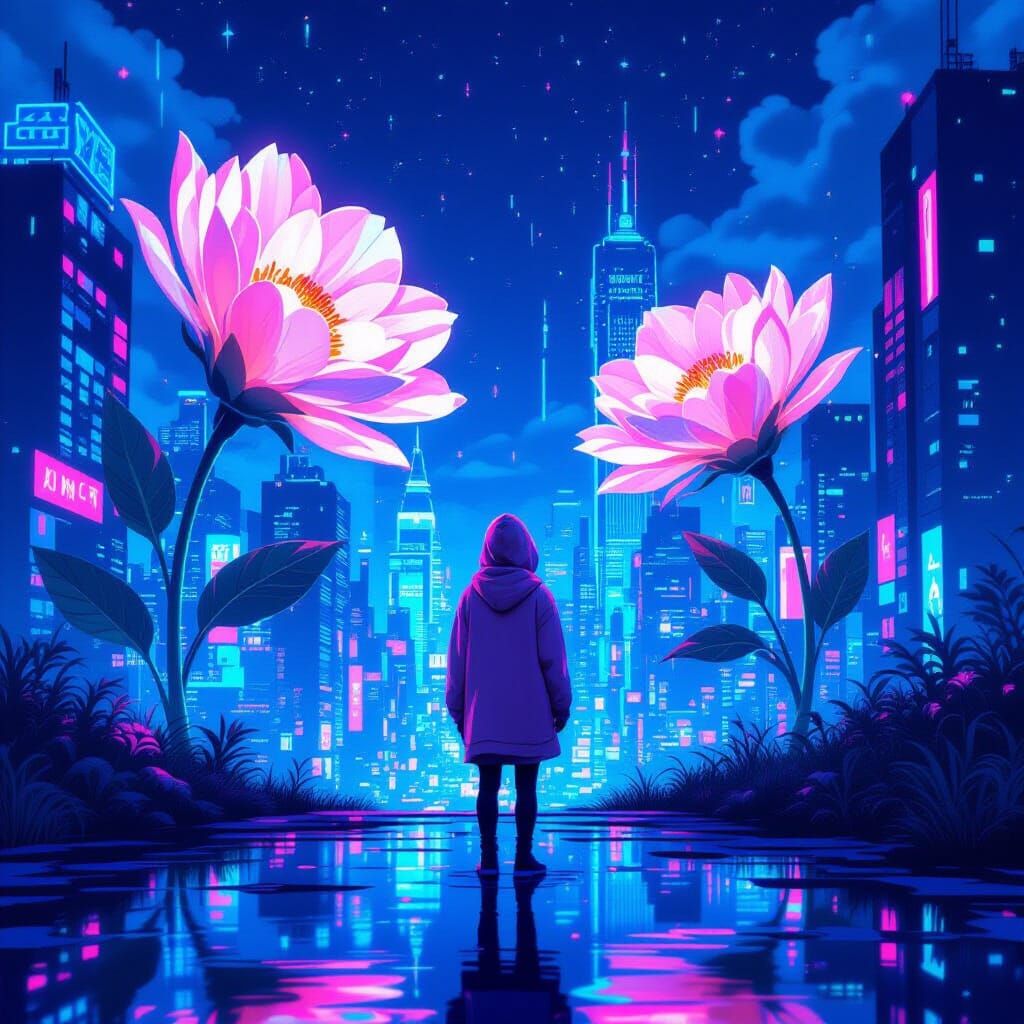 Neon City Gazer: Pixel Art Dreamscape in Cyberpunk Style