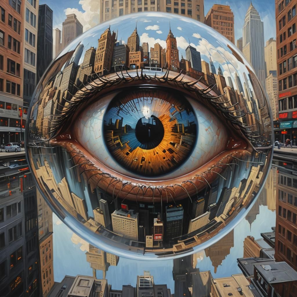 Cityscape Reflected in Eye: Realist Oil Painting