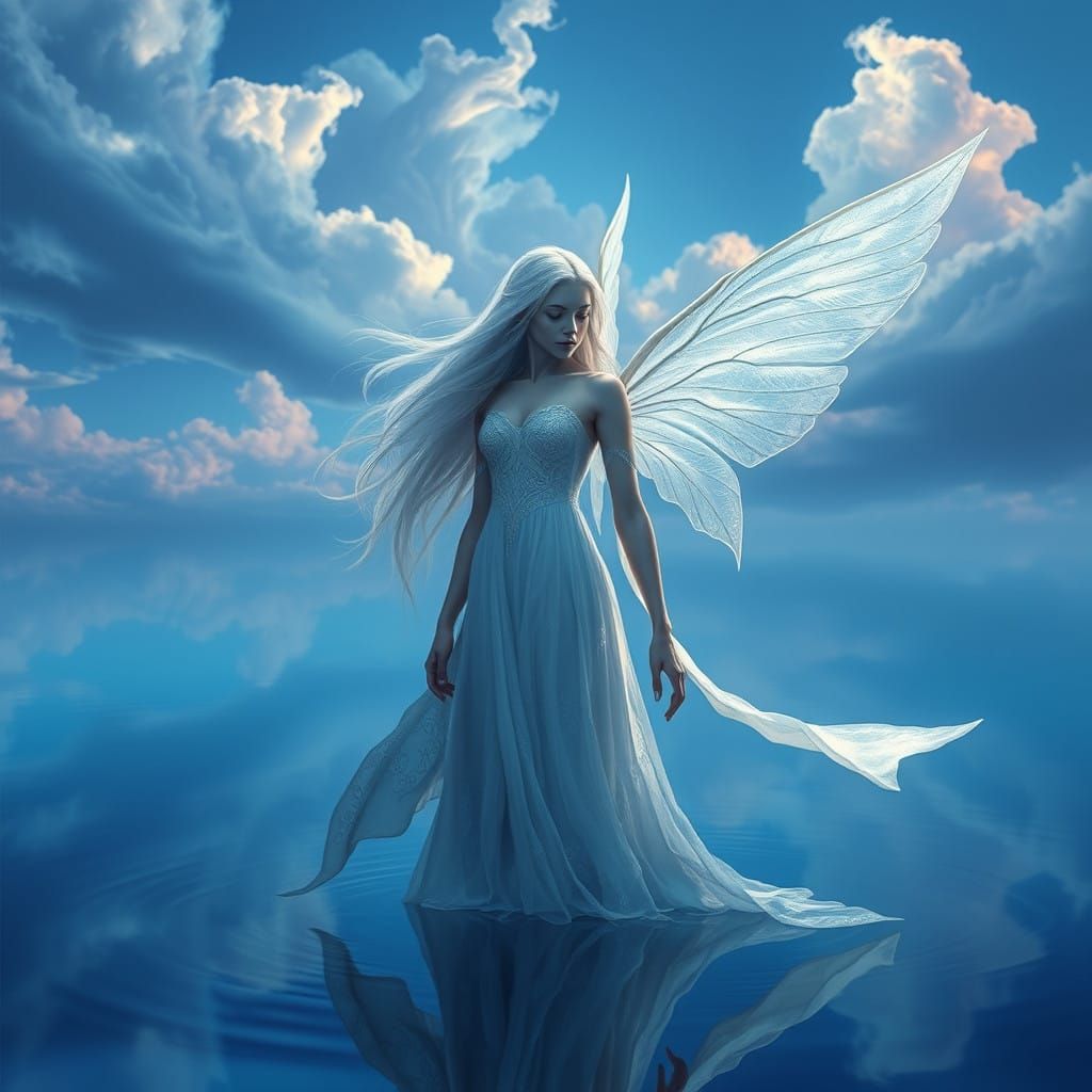 Ethereal Elf Maiden Soars Above a Vast, Cerulean Lake