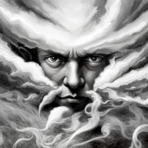 Aeolus Blowing Visible Fog: Detailed Pencil Sketch